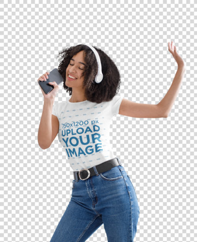 Transparent T-Shirt Mockup of a Woman Singing and Dancing at Home
