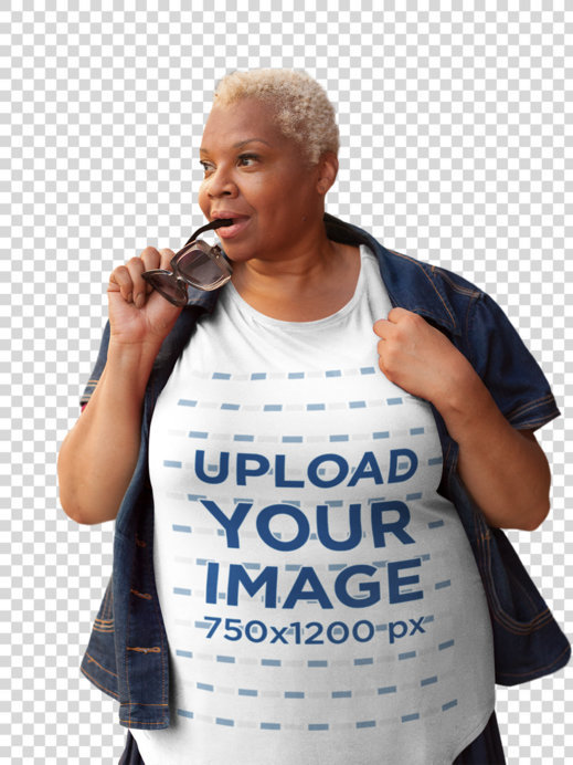 Transparent Plus Size T-Shirt Mockup of a Woman With Her Sunglasses in Her Mouth