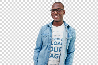 Transparent T-Shirt Mockup Featuring a Smiling Man with Glasses and Denim Garment