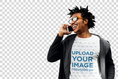 Transparent T-Shirt Mockup of a Man Laughing While Talking on the Phone