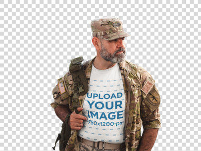 Transparent Urban T-Shirt Mockup Featuring a Soldier in Army Gear a20633