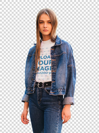 Transparent T-Shirt Mockup of a Woman Wearing a Denim Outfit