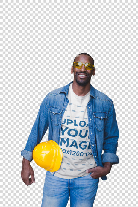 Transparent T-Shirt Mockup Featuring a Happy Man Holding a Safety Helmet