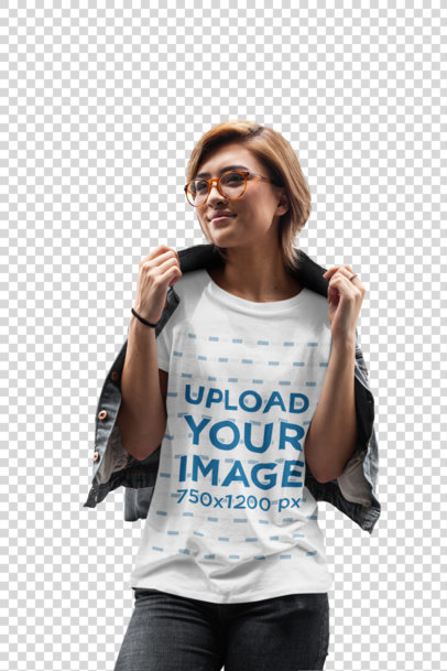 Transparent T-Shirt Mockup of a Joyful Woman Posing with a Denim Jacket
