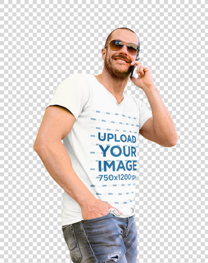 Transparent V-Neck T-Shirt Mockup of a Man Using His Cellphone 43732-r-el2