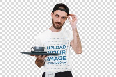 Transparent T-Shirt Mockup of a Waiter Posing at a Restaurant