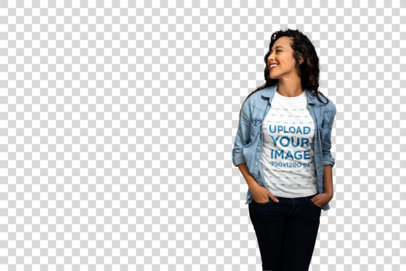 Transparent Mockup of a Woman Casually Leaning on a Wall Wearing a T-Shirt