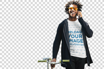 Transparent Shirt Mockup of a Man with a Bike Talking on the Phone 