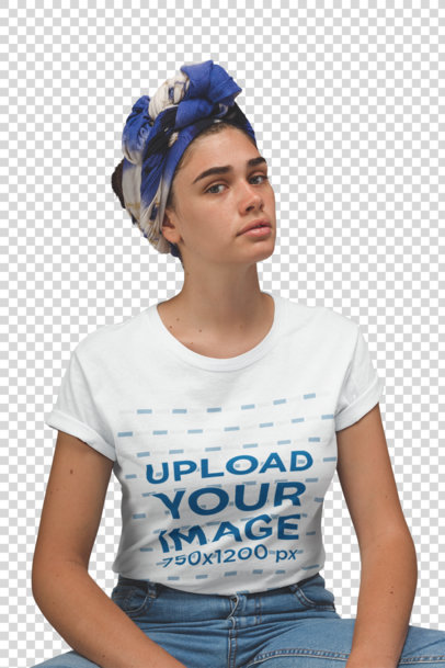 Transparent Woman with Freckles and a Headwrap Wearing a T-Shirt Mockup