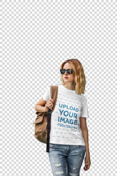 Transparent Mockup of a Woman Wearing a Round-Neck T-Shirt in an Urban Setting 