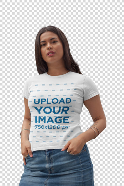 Transparent T-Shirt Mockup Featuring a Long-Haired Woman in the City