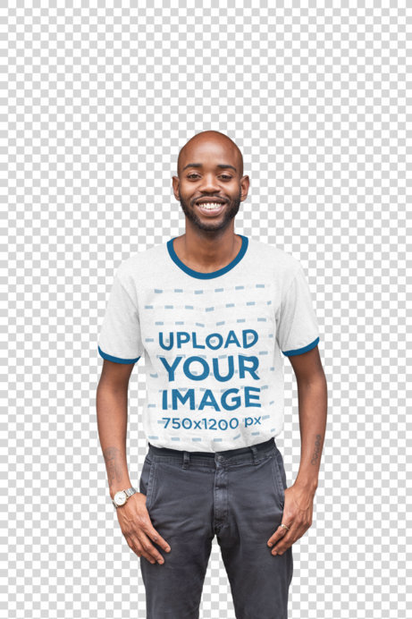 Transparent Ringer T-Shirt Mockup of a Smiling Man Standing with his Hands on his Pockets