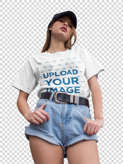 Transparent Mockup of a Chic Woman Wearing a Unisex Tee Looking down at the Camera