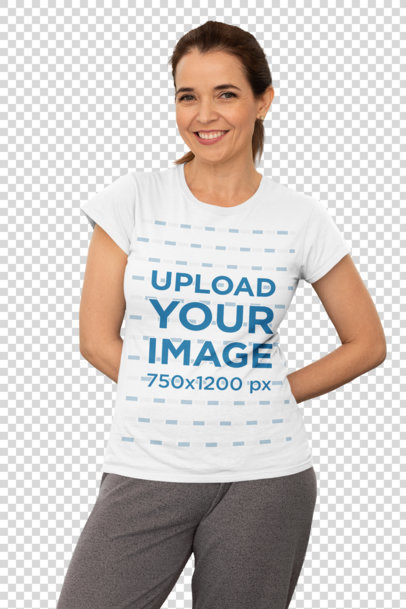Transparent T-Shirt Mockup Featuring a Middle-Aged Woman Posing Happily 