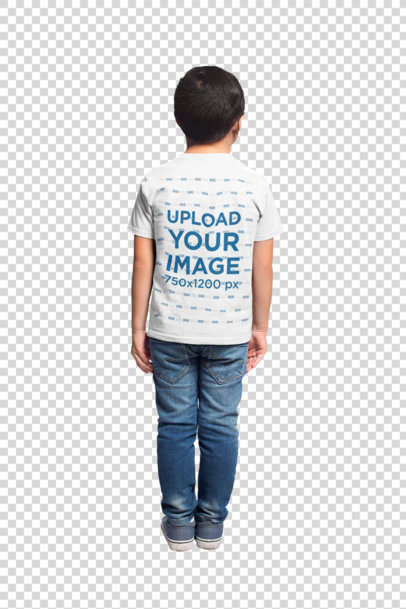 Transparent T-Shirt Back Shot Mockup of a Kid Standing in a Photo Studio
