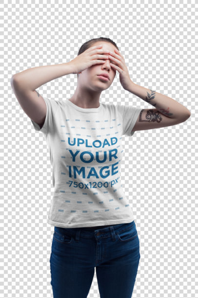 Transparent Tattooed Woman Wearing a T-Shirt Mockup Covering her Eyes