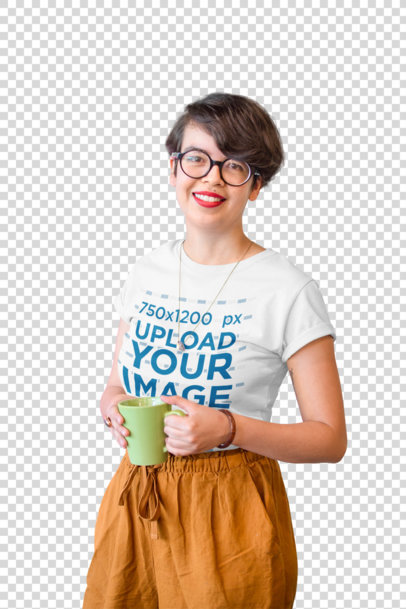 Transparent Hipster Woman Wearing a T-Shirt Mockup Holding a Cup of Coffee