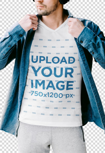 Transparent V-Neck T-Shirt Mockup of a Serious Man With an Athleisure Look 