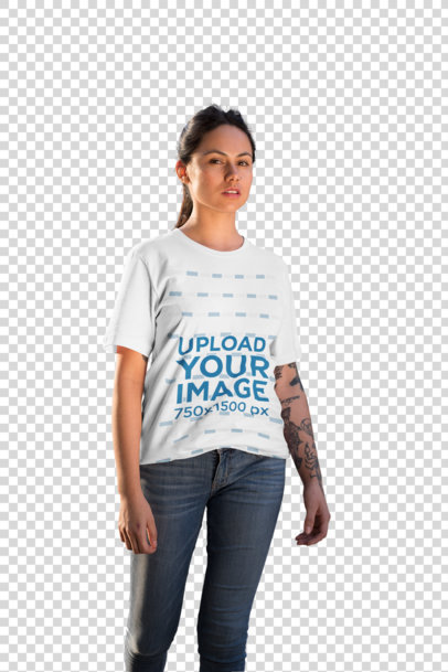 Transparent Mockup of a Woman Wearing a Unisex T-Shirt in an Industrial Zone