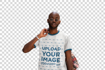 Transparent Ringer Tee Mockup Featuring a Stylish Man Carrying a Shirt