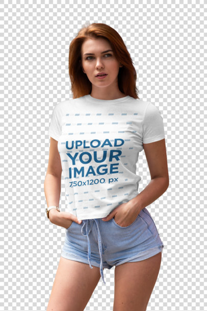 Transparent Mockup Featuring a Serious Long-Haired Woman Wearing a Customizable Tee 