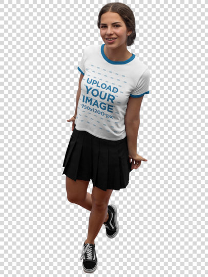Transparent Ringer Round Neck Tee Mockup of a Smiling Woman Wearing a Skirt