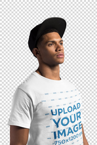 Transparent Angled Shot of a T-Shirt Mockup Featuring a Young Man with a Hat