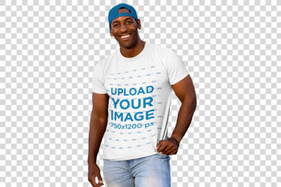 Transparent T-Shirt Mockup of a Man Leaning Against a Blue Truck 