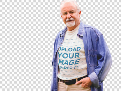 Transparent Elder Man Wearing a T-Shirt with a Denim Long Sleeve Mockup a12393