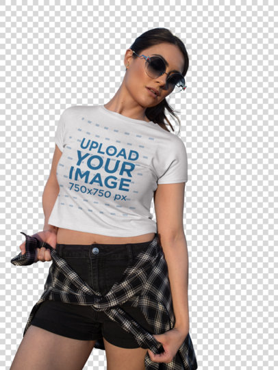 Transparent White Woman Wearing a Crop Top T-Shirt Mockup at an Amusement Park