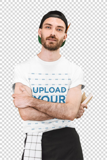 Transparent T-Shirt Mockup Featuring a Bearded Waiter Posing With His Arms Crossed 