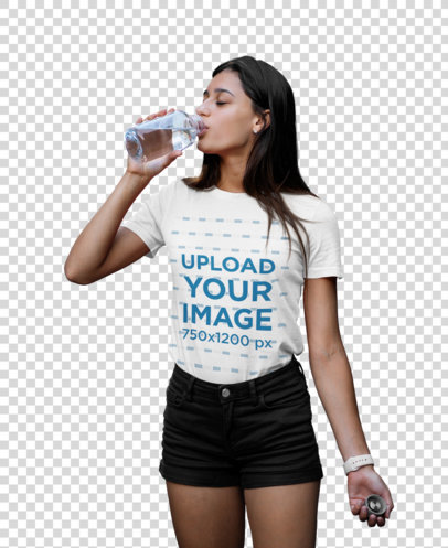 Transparent Round Neck Tee Mockup Featuring a Woman Drinking Water 