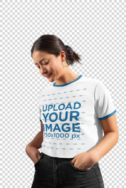 Transparent Ringer T-Shirt Mockup of a Woman with Jeans 27162