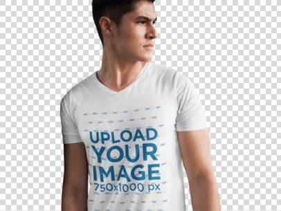 Transparent V-Neck T-Shirt Mockup of a Young Man with a Serious Expression