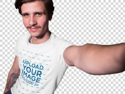 Transparent Round Neck Tee Mockup of a Hipster Young Man Taking a Selfie