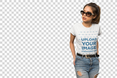Transparent Mockup of a Woman Wearing a T-Shirt and Sunglasses