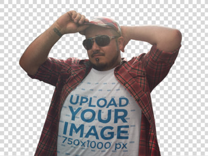 Transparent Round Neck Tee Mockup of a Cool Guy with a Hat