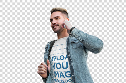 Transparent Tee Mockup of a Man with a Denim Garment Talking on the Phone