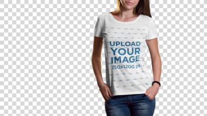 Transparent Mockup of a Young Woman Wearing a T-Shirt and Jeans