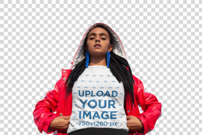Transparent Mockup of a Fashionable Woman Wearing a T-Shirt Staring Down at the Camera 21816