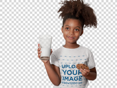Transparent T-Shirt Mockup of a Black Child Having a Glass of Milk and a Cookie a21327