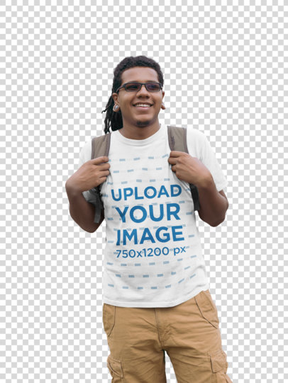 Transparent T-Shirt Mockup of a Man Carrying a Backpack