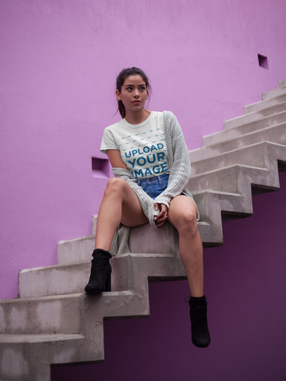 Asian Woman Sitting on Stairways Wearing a Tshirt Mockup