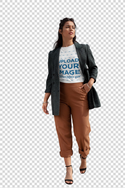 Transparent Round Neck Tee Mockup of a Woman Walking by a Financial Center