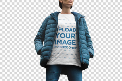 Transparent Round Neck Tee Mockup of a Woman Wearing a Winter Jacket 1852-el1
