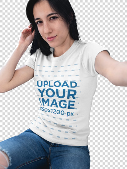 Transparent Mockup of a Serious Woman Wearing a T-Shirt While Taking a Selfie