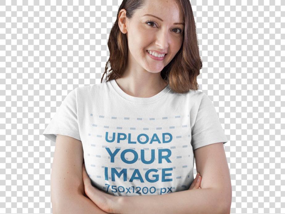 Transparent Happy Middle Aged Hispanic Woman Wearing a Round Neck Tee Mockup While at the Kitchen