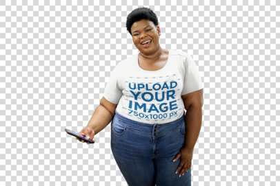 Transparent Plus Size T-Shirt Mockup Featuring a Happy Woman With Her Phone 22586