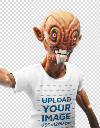Transparent Illustrated Mockup of an Orange Alien Taking a Selfie with a T-Shirt