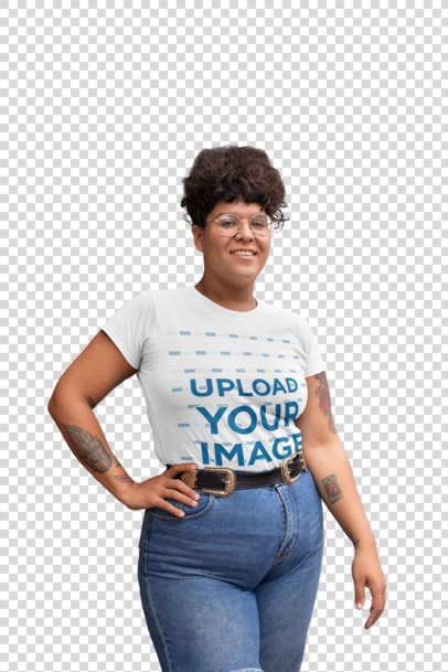 Transparent Mockup of a Woman Wearing a Plus Size Tee with High Waisted Jeans